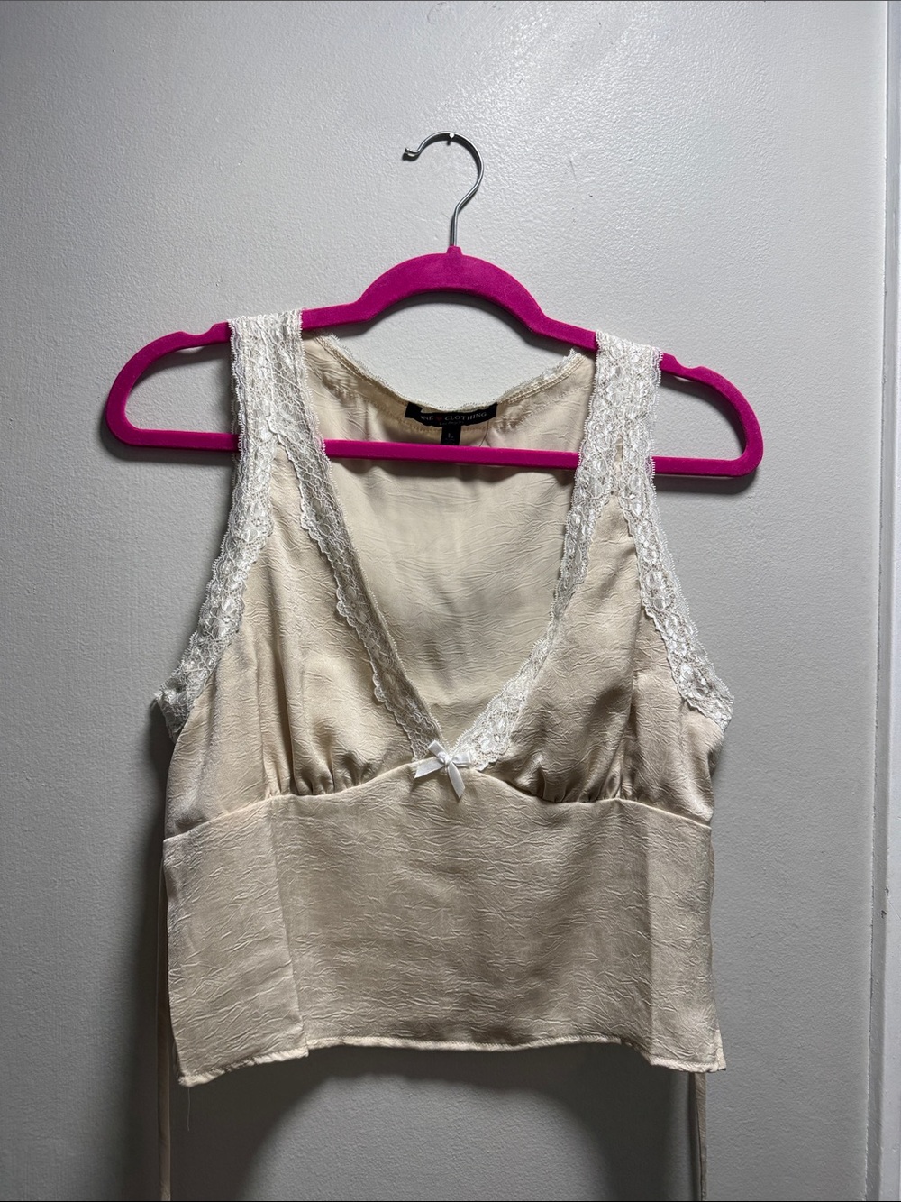 one clothing Cream Lace-Trim Satin Crop Top